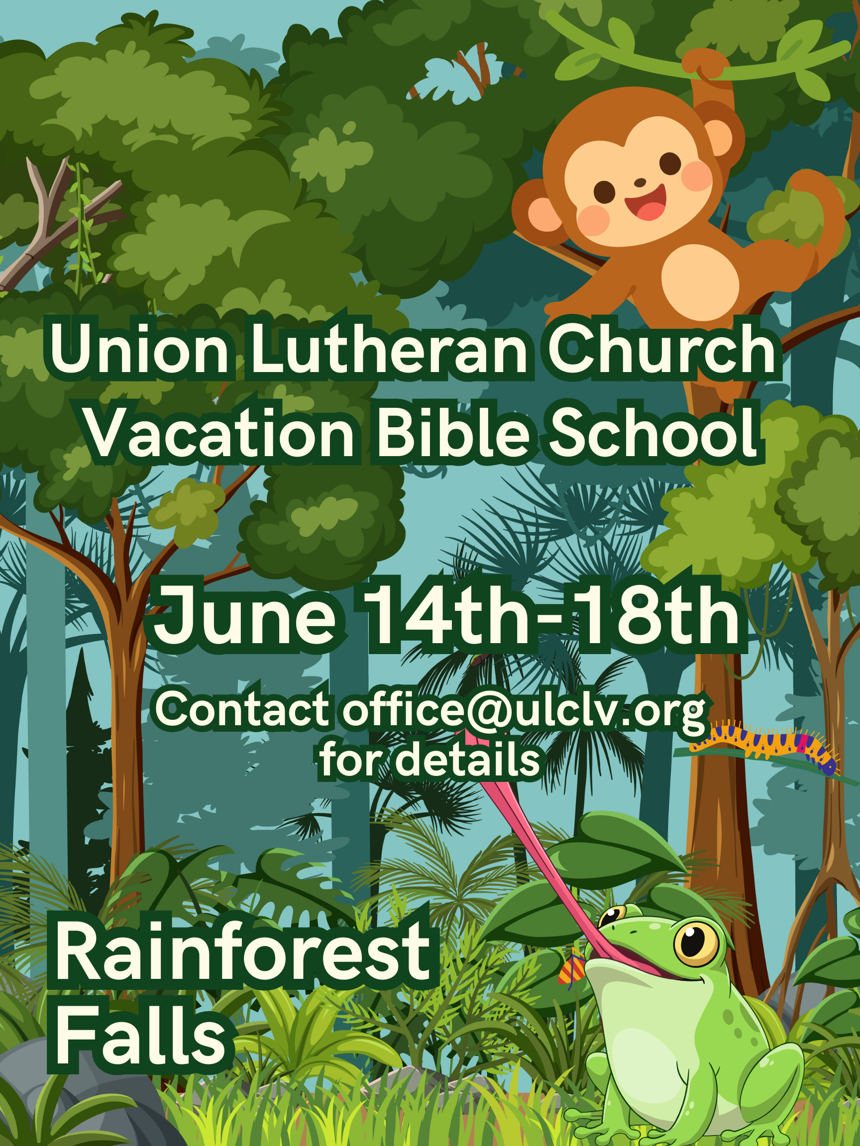 An image of tropical trees and a cartoon monkey with text